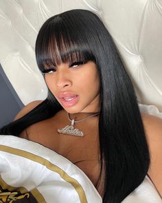 Bangs With Long Layers Hair, Bangs Baddie, Bang Hairstyles Black Women, Remy Human Hair Wigs, Hair Laid, Dope Hairstyles, Long Black Hair, Front Lace Wigs Human Hair, Baddie Hairstyles