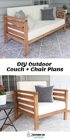 a couch that is made out of wood and has pillows on the back, with text overlay reading diy outdoor couch + chair plans