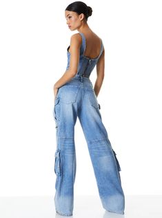 Cay Baggy Cargo Jeans In Brea Blue | Alice And Olivia Baggy Cargo Jeans, Cargo Design, Denim Corset Top, Top Corset, Denim Cargo Pants, Denim Corset, Baggy Denim, Denim Cargo, Alice And Olivia