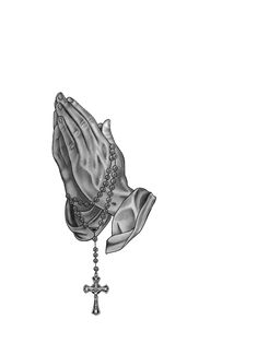 a black and white drawing of a praying hands with a rosary hanging from it's end