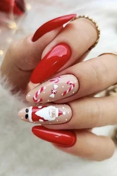 40+ Christmas Nail Art Designs for Short and Medium Nails - HubPages Christmas Nails Almond Shape, Santa Nails, Unghie Nail Art, Cute Christmas Nails