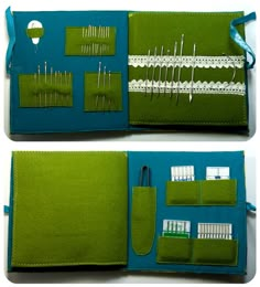 two pictures of the inside of a case with sewing needles and thread in it,