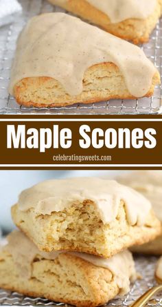 two images of maple scones with icing on them