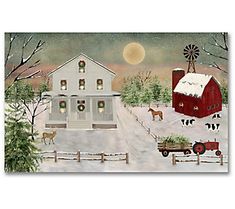 a painting of a farm scene with horses in the snow and a red barn at night