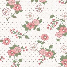 pink flowers and green leaves on white polka dot fabric with dots in the back ground