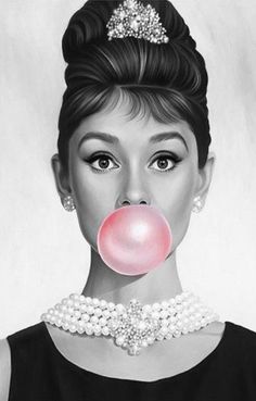 a black and white photo of a woman with a bubble gum in her mouth,