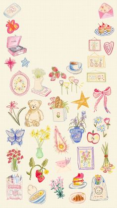 a bunch of different items that are on a white surface with pink and blue colors