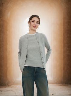 Olivia Mark - Minimalist Cashmere Cardigan with Round Neck, Long Sleeve Knit Sweater Outerwear Cashmere Outfits, Long Sleeve Knit Sweaters, Peplum Hem, Cashmere Cardigan, Chiffon Blouse, Lantern Sleeves, Shoulder Sweater, Olivia Mark, Long Sleeve Knit