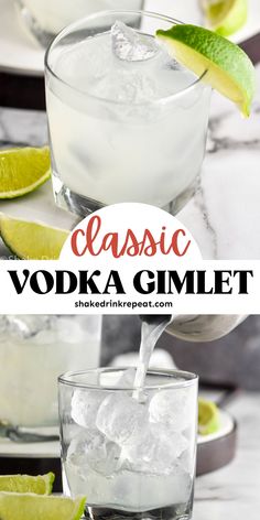 the classic vodka gimlet is served in glasses with lime wedges and ice