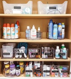 the shelves are filled with many different types of products and containers for cleaning, sanitizing or disinfectioning