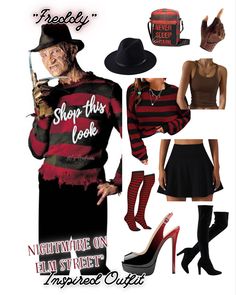 Boots, gloves, Freddy Krueger, heels, skirt, wide leg pants, hat, fedora, backpack, tank, shrug Freddy Costumes For Women, Costume Ideas Women Scary, Nightmare On Elm Street Outfit, Freddy Cougar Costume Women, Freddy Krueger Fantasia, Diy Freddy Krueger Costume Women, Freddie Krueger Costume, Freddy Kruger Girl Costume, Freddy Krueger Outfit