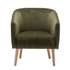 an olive green chair with wooden legs