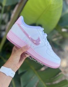 Custom Airforce 1s, Pink Airforce, Airforce 1s, Bedazzled Shoes, Casual Shoes Women Sneakers, Nike Shoes Women Fashion, Tie Sneakers, Pink Nike Shoes, Pretty Sneakers