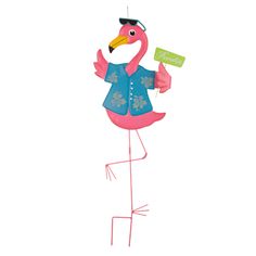 a pink flamingo with sunglasses and a name tag on it's head standing upright