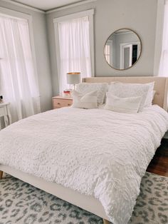 a bed with white comforter and pillows in a bedroom next to two windows on either side of the bed