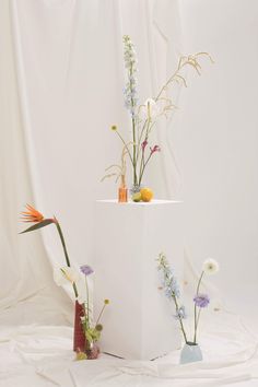 three vases with flowers in them on a white surface