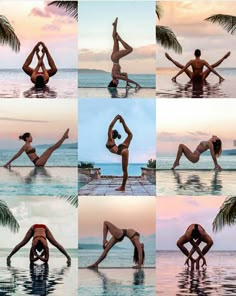 a woman doing yoga poses on the beach in front of some water and palm trees