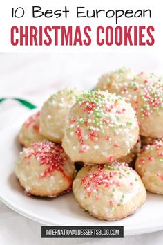 christmas cookies with sprinkles on a white plate and text overlay reads 10 best european christmas cookies