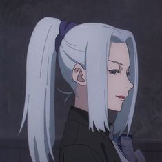 an anime character with long white hair and blue eyes looks at something in the distance