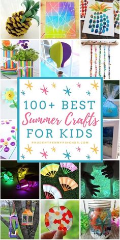 the words, 100 best summer crafts for kids are shown above pictures of pine cones and other items