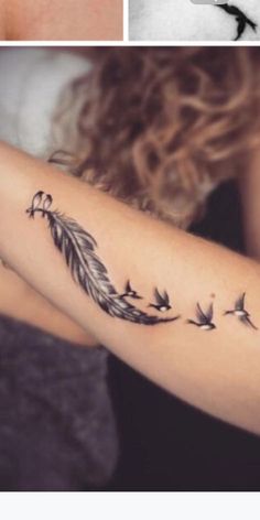 two pictures with birds on the arm and one has a feather tattoo