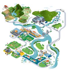 an illustrated map of a city with roads, parks and water features in the center