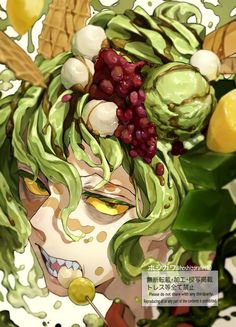 an anime character with green hair and fruit on her head