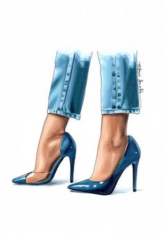 a drawing of a woman's legs wearing high heeled blue jeans and heels