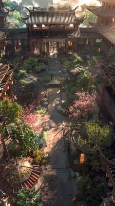 an aerial view of a courtyard with stairs and trees