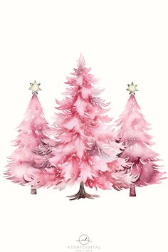 three pink christmas trees with stars on them