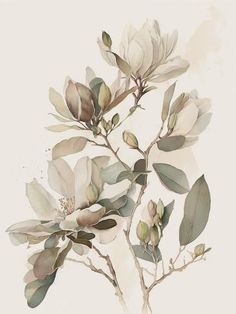 a white flower with green leaves is shown in this painting, it looks like the branches are