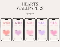 four iphones with hearts on them and the text heart's wallpapers