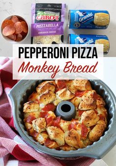 pepperoni pizza monkey bread in a pan with ingredients surrounding it and the title overlay