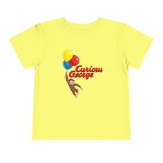 .: Inspired by a long-time childhood favorite -- Curious George! .: 100% Airlume combed and ringspun cotton (fiber content may vary for different colors) .: Extra light fabric (3.9 oz/yd² (132 g/m .: Tear-away label Modern Cartoon, Curious George, Baby Tee, Kids Tops, Bella Canvas, Light Fabric, Short Sleeve Tee, Gender Neutral, Balloons