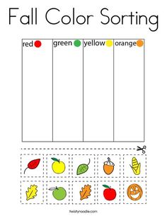 the fall color sorting worksheet is shown with an orange, green and yellow