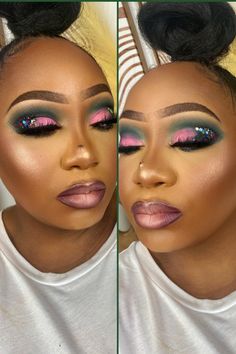 Pink And Green Makeup Looks, Pink And Green Eyeshadow Looks, Green Makeup Looks Black Women, Green And Pink Eyeshadow, Pink And Green Eyeshadow, Pink And Green Makeup, Green Glitter Eyeshadow, Makeup Black Woman, Green Makeup Looks