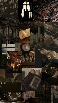 a collage of photos with books and people in them, including a clock tower