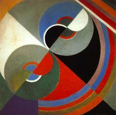 an abstract painting with circles and shapes in black, red, green, blue, yellow