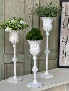 three white vases with plants in them sitting on a table next to a sign