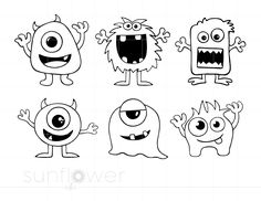 four cartoon monsters with different faces and arms, one is black and the other has white