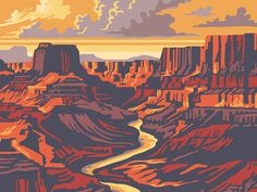 the grand canyon is shown in this retro style poster, which features an image of a river running through it