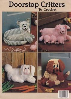 the front cover of a crochet book with four pictures of stuffed animals