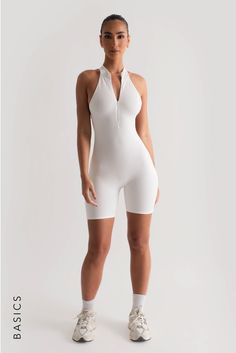 Active Romper - White – My Outfit Online Sleeveless Summer Jumpsuits And Rompers With Back Zipper, Summer Stretch Jumpsuits And Rompers With Zipper, Summer Stretch Jumpsuits And Rompers With Zipper Closure, Stretch Jumpsuits And Rompers With Zipper For Summer, Summer Zipper Jumpsuits And Rompers In Overall Style, Active Romper, Priscilla Ricart, High Neck Sleeveless, My Outfit