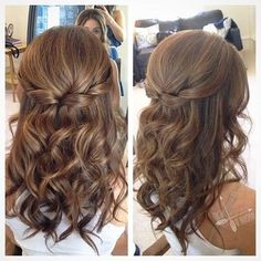 Pretty Half up half down hairstyle for curly hair - partial updo wedding hairstyles is a great options for the modern bride from flowy boho and clean Curled Prom Hair, Wedding Hairstyles Updo, Short Hairstyle, Half Up Hair