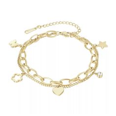 Versatile and gorgeous! Our Chain Link Bracelet with Charms in 18k Gold Plating or Rhodium makes the perfect gift for mom, your bestie, your sister, or yourself! The look begins with a large link chain. It has added five small charms with different shapes. So long as it fits, anything goes! An extender chain makes this piece adjustable. - Metal: Stainless Steel.- Plating: 18k Gold Plated or Rhodium.- Chain Length: Aprox. 16.5 cm, 6 cm extension.- Charms Dimension: Aprox. 8 mm.Ships in a Balara G