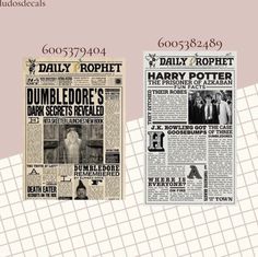 two newspapers with the same image on them, one is for harry potter and the other is for dumbledore's dark secrets revealed