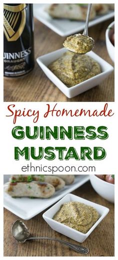 a spoon with some food in it on top of a white plate and the words spicy homemade guinness mustard