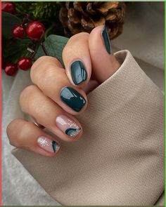 This short square nail design features dark green polish with silver and snowflake accents, making it an ideal winter choice. The dark green is a trendy neutral color for the season, while the silver glitter and snowflakes bring in a festive holiday feel. These nails strike a balance between elegant and festive, making them perfect for formal events or casual holiday gatherings. French Manicure Glitter, Festive Nail Designs, Nail Color Trends, February Nails, Square Nail Designs, Nail Colors Winter, Winter Nails Acrylic, Christmas Nails Easy, Winter Nail Art