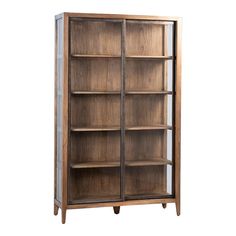 a wooden bookcase with glass doors on the front and bottom shelves, against a white background