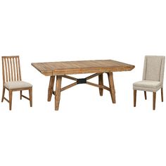 a wooden table with two chairs next to it on a white background in the image